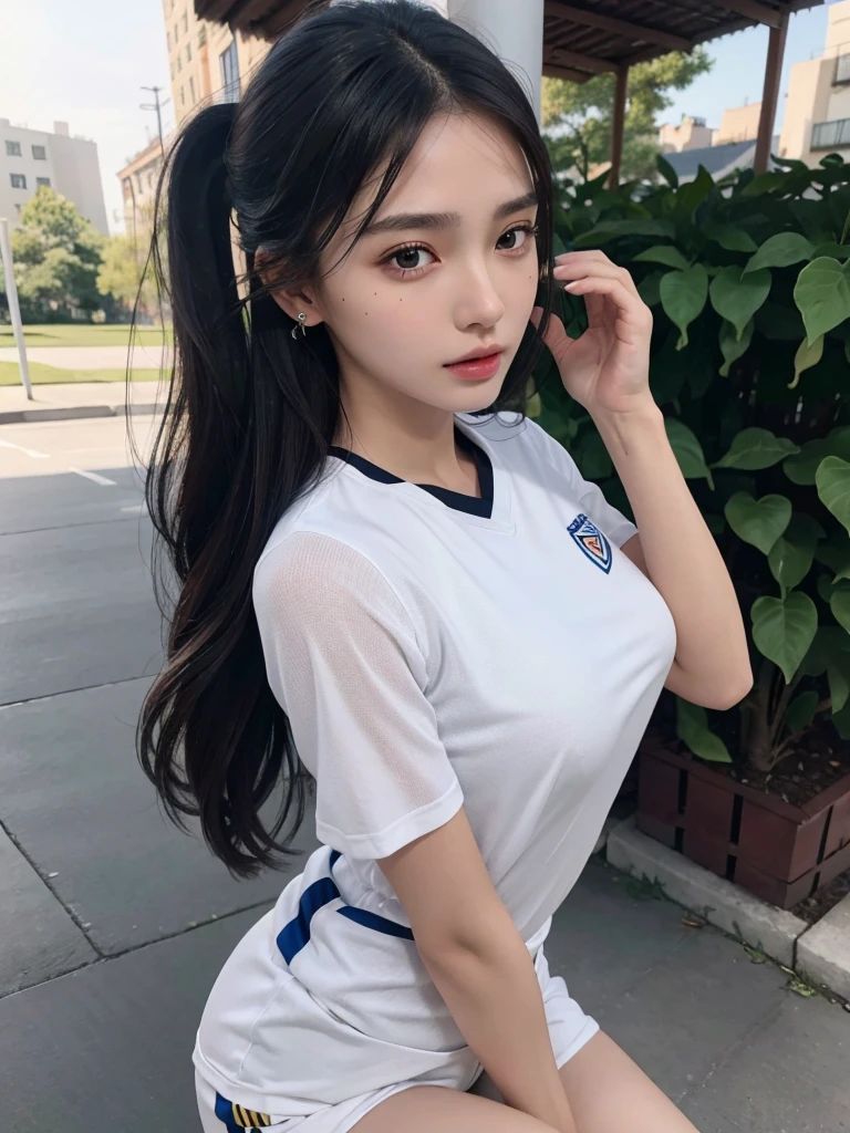 absurdres, RAW photo, extremely delicate and beautiful, masterpiece, Best Quality, ultra high resolution, 32k, hyperrealistic, ultra-detailed, perfect anatomy, anatomically correct, perfect figure, Perfect Style, Perfect balance, super Detailed skin, in her 30s, very Slim body, narrow waist, very small head, very small face, delicate facial features, handsome detailed woman, very detailed eyes and face, realistic face proportions, Realistic beautiful face, Realistic beautiful eyes, tearful mole, earring, very huge round tits, (full body shot:1.2), (full legs:1.2), medium hair, outdoor, (soccer Jersey:1.2), shorts,