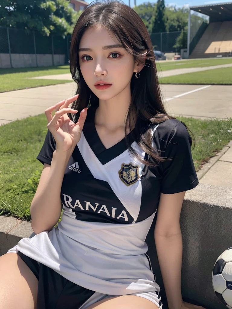 1 female, Brown Hair,Brown eyes, Delicate face, cute, Love Earrings, Tracksuit top and bottom, Playful, Ultra HD, masterpiece, highest quality, Super detailed, Accurate,((wince)),((one eye closed)),