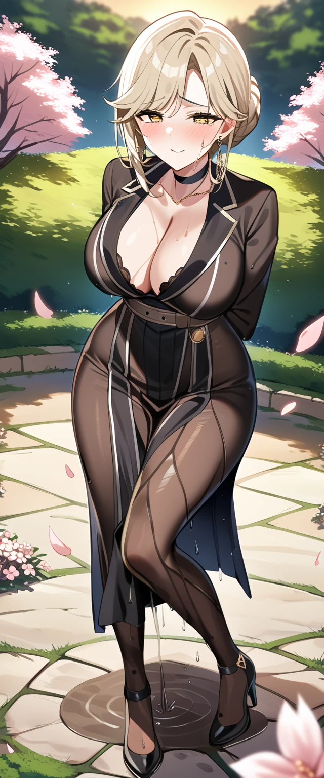 (masterpiece:1.37), Highest quality, (Very detailed:1.37), (One Girl:1.5), woman, (mature:1.5), (Adult:1.5), Hair Ribbon,Earrings, jewelry, dress, pantyhose, (Pelvic Curtain:1.5), (Very detailed eyes:1.37), (get wet:2.0), despair, (Are standing:1.5), Embarrassing, humiliation, blush, anger, cherry blossoms, garden, (Golden Hour:1.5), whole body, (Crossing your legs:1.5), From above
