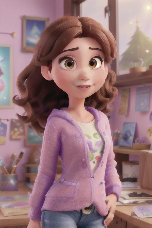 a woman with average, straight flowing brown hair, piercing medium brown eyes, fair skin,
Delicate facial features, elegant and graceful pose, calm and confident expression, Happy ethereal and enchanting presence, sparkling lilac sweatshirt set, against a lush,
crafts workshop scenario, (best qualityer,4K,8k,high resolution,work of art:1.2),
ultra detali,(realisitic, pixar disney,photorealisitic,photo-realisitic:1.37),cinematic lighting,
lilac core palette