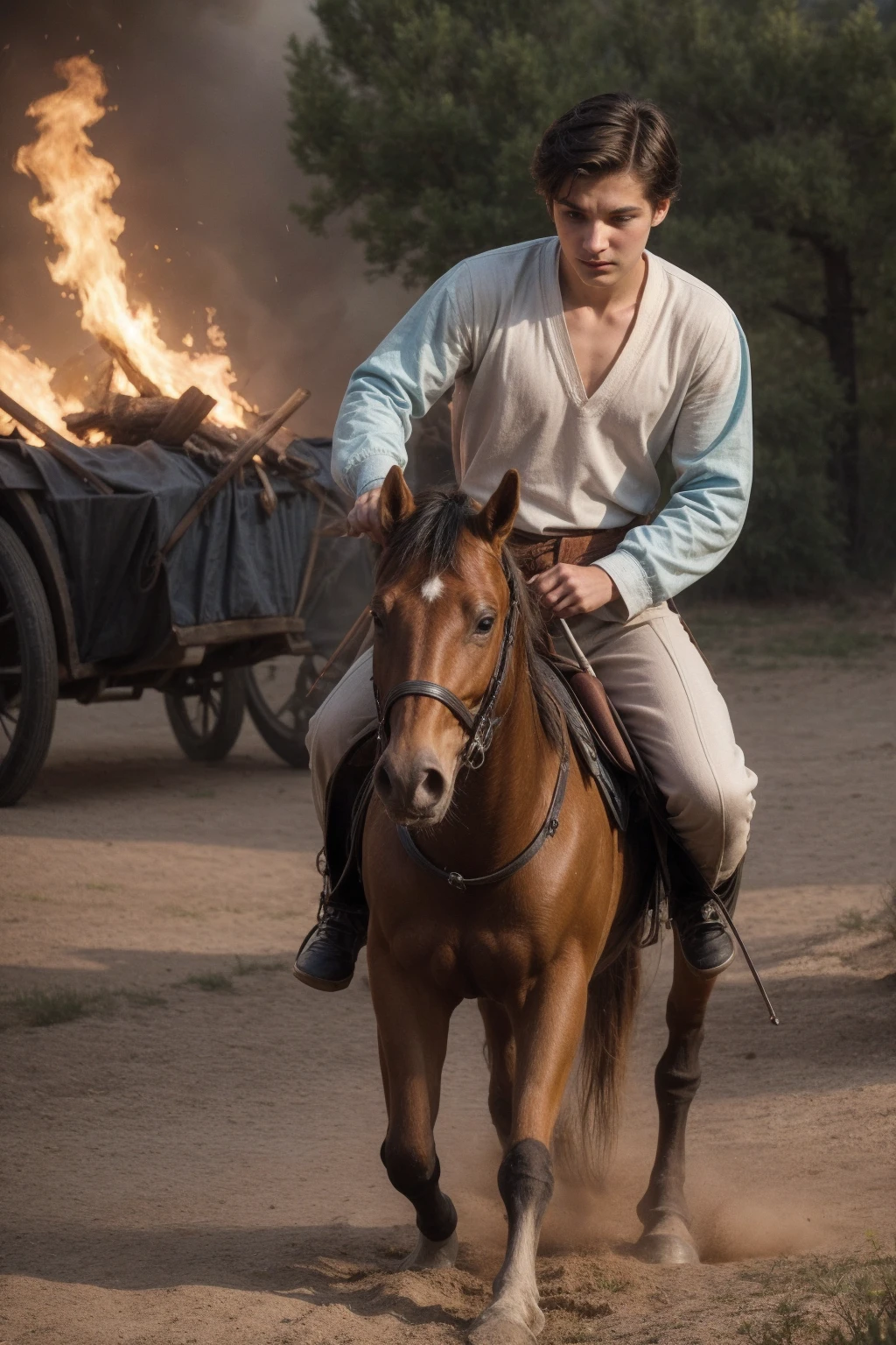 A cute 18-year-old twink male young man with makeup and black hair, wearing a medieval shirt with ties, a v-neck and long sleeves, the color aquamarine, and white medieval pants. He is on the battlefield, riding on a horse, as if the horse is galloping. He carries his sword and shield in his hand, and behind him are tents with a burning fire, and he looks angrily