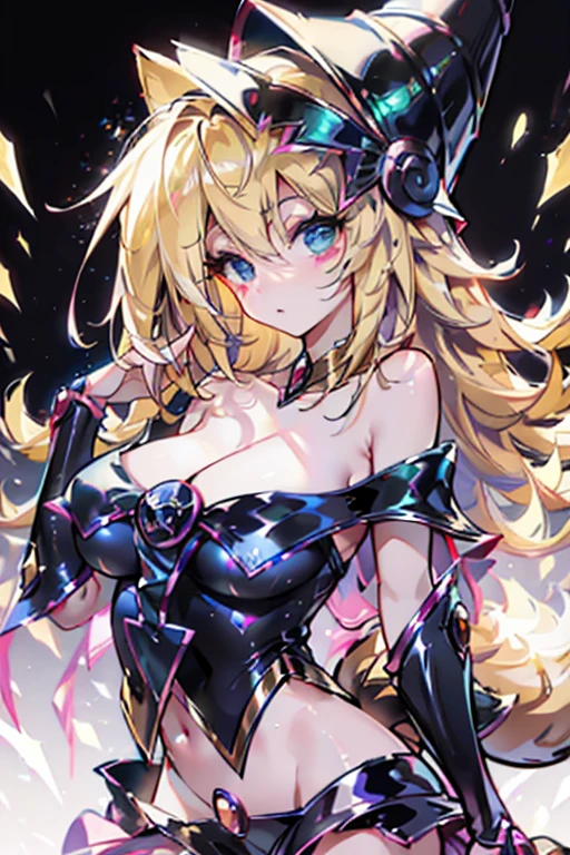 hair/and_Ants, 1 Nina Black Mage, chest, Animal ears, Blonde, alone, Fox Ears, hair/and (League of Legends), Long golden hair, Neckline, Coke, View your viewers, Face branding, Choker Necklace, chestが大きい, Exposing shoulders, Yellow laurel, gem, blue eyes, Upper body, Multiple tails, rim, Bright, clavicle, Navel cover, 耳Nipple Ring. Black Magician Girl Sexy