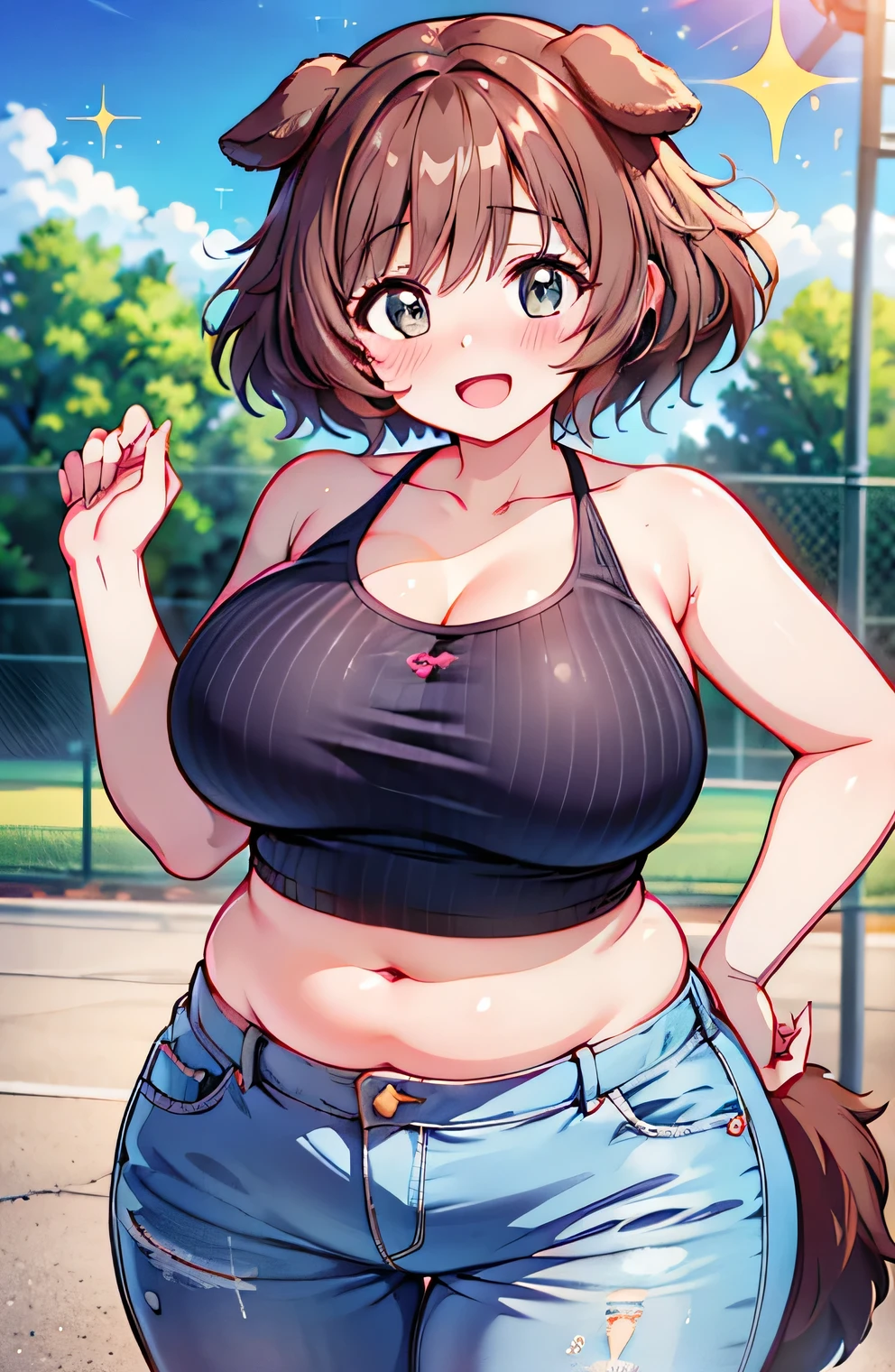 Anime illustration、Highest quality、A short and plump high school girl、Sporty tube top、hot pants、Dog park、Perfect Proportions、Overwhelmingly large breasts、Beautiful sparkling eyes、Blushed、smile、Cowboy Shot、Dangerous beast