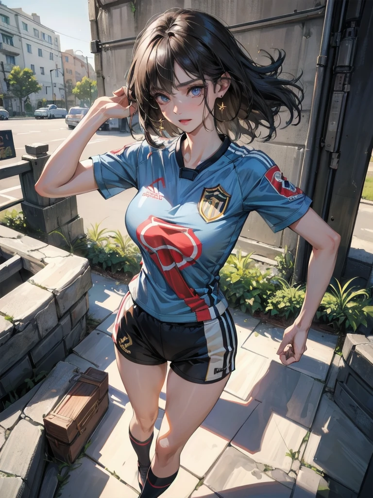 absurdres, RAW photo, extremely delicate and beautiful, masterpiece, Best Quality, ultra high resolution, 32k, hyperrealistic, ultra-detailed, perfect anatomy, anatomically correct, perfect figure, Perfect Style, Perfect balance, super Detailed skin, in her 30s, very Slim body, narrow waist, very small head, very small face, delicate facial features, handsome detailed woman, very detailed eyes and face, realistic face proportions, Realistic beautiful face, Realistic beautiful eyes, tearful mole, earring, very huge round tits, (full body shot:1.2), (full legs:1.2), medium hair, outdoor, (soccer Jersey:1.2), shorts,