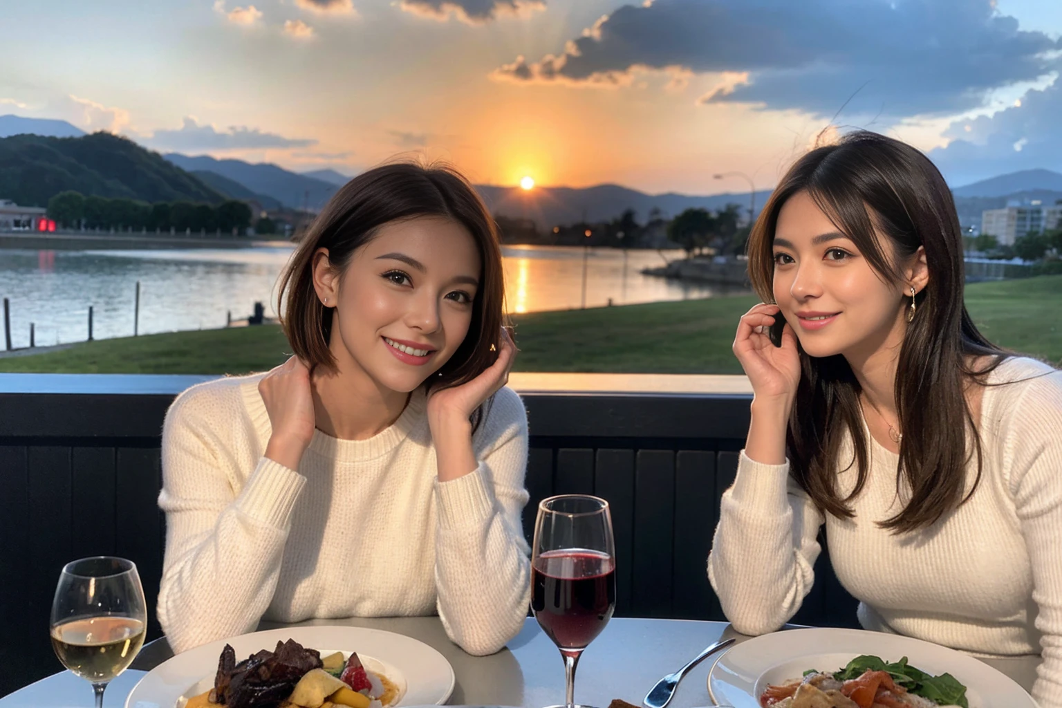 （Realistic:1.1）,(masterpiece,Highest quality)，8k,(45 years old), 42 years old, slimカップル、Model Couple、actress/actor、Tight waist,Upper Body,full-course dinner、wine 、Amazing view of the sunset sky and clouds、Perfect Anatomy, Brown Hair, short hair,Random Hairstyles,((Highly detailed face and eyes:1.2))(cute顔:1.4)，美しいactressの顔，Perfect golden ratio face，Long sleeve shirt、dress,(smile:1.2)、Shortcuts、cute、(Realistic, Intricate details:1.2), A bright smile、short hair,Bright Face、赤wine 、Appetizers、Italian food、wine bottle、Champagne、スパークリングwine、(slimな顔), (The body is slim), (Brown Hair), (Shortcuts),  Upper Body, 白wine, slim, wineグラス, 