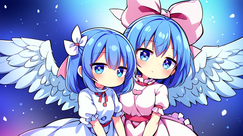 (best quality,4k,8k,highres,masterpiece:1.2), top-quality(​masterpiece), top-quality, ultra-detailed, highly detailed texture, intricate details, high quality textures, A cute teenage angel with blue eyes, big pink ribbon in her hair, drawn in anime style, 1girl, (((1girl in))), , , (((loli))), ((cldish)), meblue hair, hair flaps, pink ribbon on head, well-formed face, Beautiful face, blue eyes, pretty eyes, angel girl, white blouse, puffy short sleeves, red ribbon, angel wings, long white skirt, red shoes, frills, ribbon head, A pair of angel wings on the back, clean line drawings, cute, perfect symmetrical face