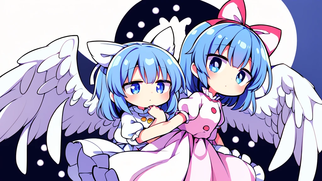 (best quality,4k,8k,highres,masterpiece:1.2), top-quality(masterpiece), top-quality, ultra-detailed, highly detailed texture, intricate details, high quality textures, A cute age angel with blue eyes, big pink ribbon in her hair, drawn in anime style, 1girl, (((1girl in))), , 10 y(loli))), ((child), medium blue hair, hair flaps, pink ribbon on head, well-formed face, Beautiful face, blue eyes, pretty eyes, angel girl, white blouse, puffy short sleeves, red ribbon, angel wings, long white skirt, red shoes, frills, ribbon head, A pair of angel wings on the back, clean line drawings, cute, perfect symmetrical face
