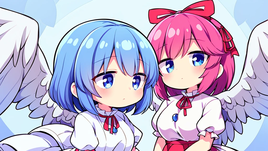 (best quality,4k,8k,highres,masterpiece:1.2), top-quality(​masterpiece), top-quality, ultra-detailed, highly detailed texture, intricate details, high quality textures, A cute teenage angel with blue eyes, big pink ribbon in her hair, drawn in anime style, 1girl, (((1girl in))), , 10 years old, (((loli))), ((childish)), medium blue hair, hair flaps, pink ribbon on head, well-formed face, Beautiful face, blue eyes, pretty eyes, angel girl, white blouse, puffy short sleeves, red ribbon, angel wings, long white skirt, red shoes, frills, ribbon head, A pair of angel wings on the back, clean line drawings, cute, perfect symmetrical face