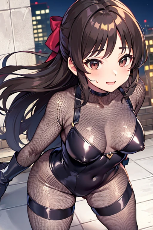 、、Long Hair、Small breasts、Small breasts、Body Type、Nipples、Embarrassing、Red face、smile、Sweat on my cheeks、((spy、Bodysuits、Fishnet tights))、City of night、rooftop、Combat pose、8-year-old 、Realistic bod