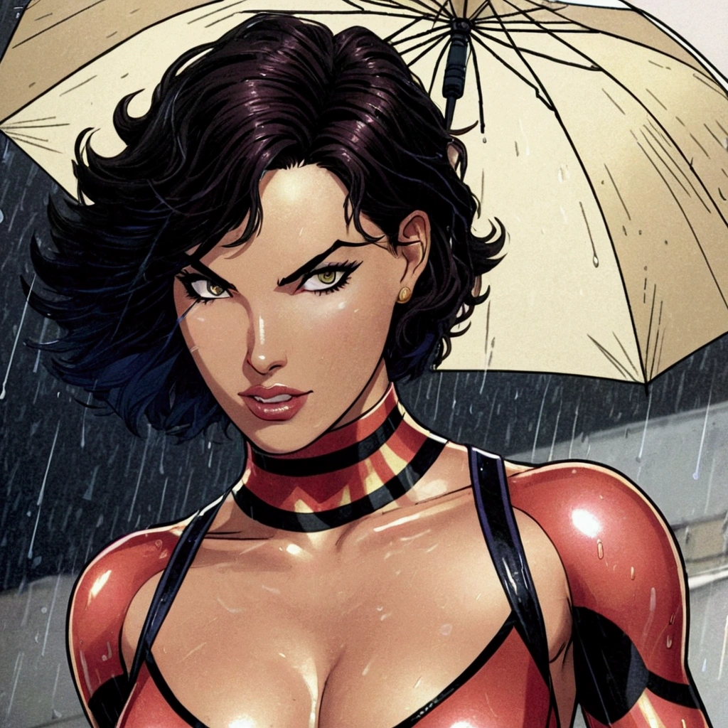 (Best Quality, masterpiece :1.3), Beautiful woman, 1 girl, (mama, attractive body :1.2), Abdominal muscles :1.1, Asymmetrical French Short Curly Hair. :1.1, Dark brown hair: 1.1, (Wet from rain, get Wet by rain, Wet :1.2), Super detailed face, delicate lips, delicate eyes, double eyelids, striped hair,