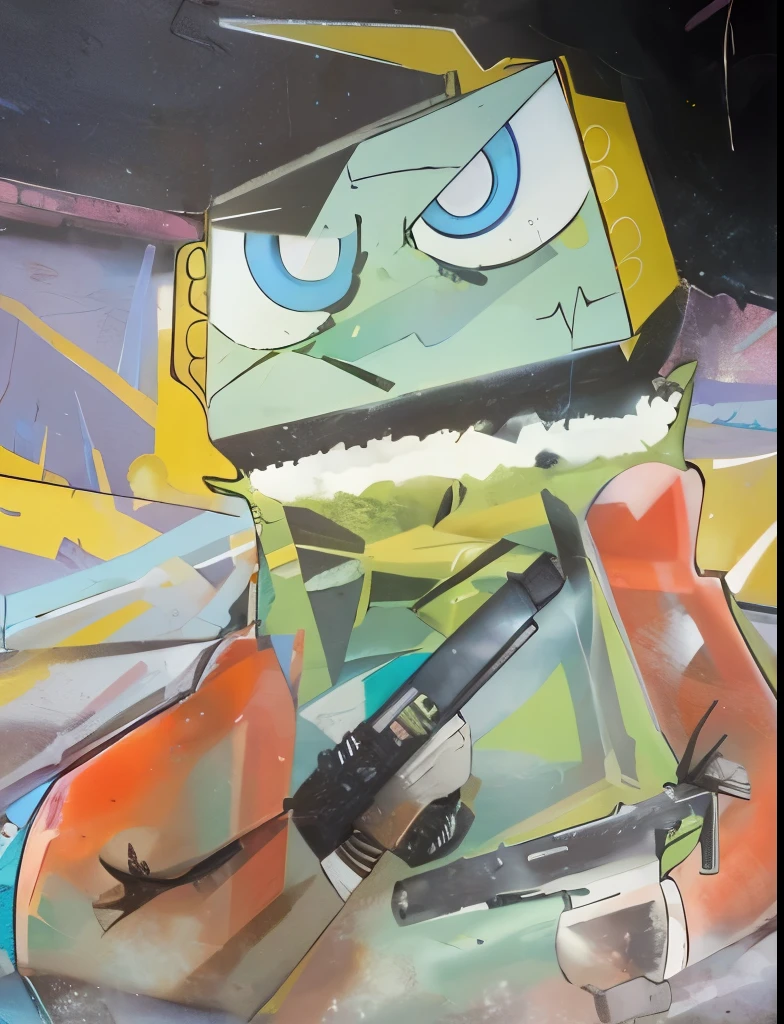 The image is a painting of a cartoon character with blue eyes and a green face. The character is holding a gun in its right hand and appears to be pointing it towards the right side of the image. The background is filled with colorful abstract shapes and lines, creating a chaotic atmosphere. The colors used in the painting are predominantly green, orange, and yellow, with some hints of blue and purple. The overall style of the painting is cartoon-like and playful.