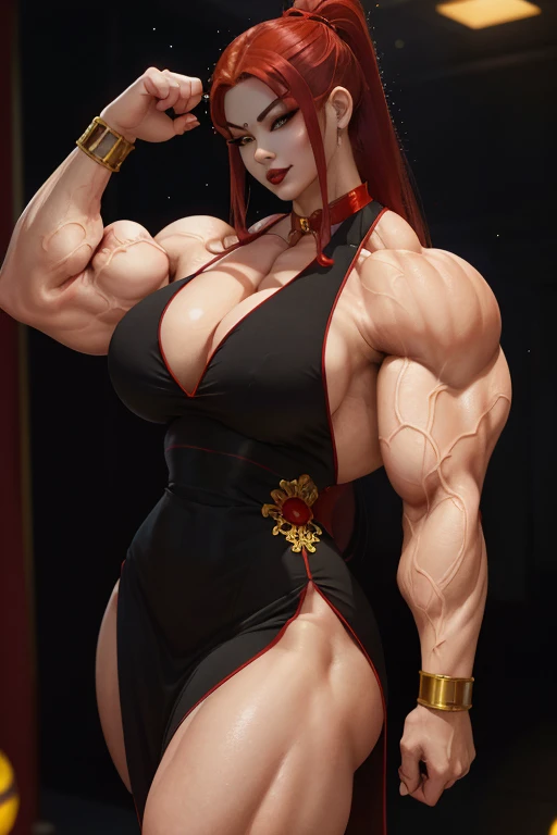 (Close view), tall, muscular asian woman, (red hair), long hair, pale white skinned, closed smile, (black lipstick), ((massive muscles)), (hyper muscle), ((ginormous bulky muscles)), ((glowing yellow eyes)), (sparkly red cheongsam dress), wristbands, choker, high heels, (in a Japanese nightclub),