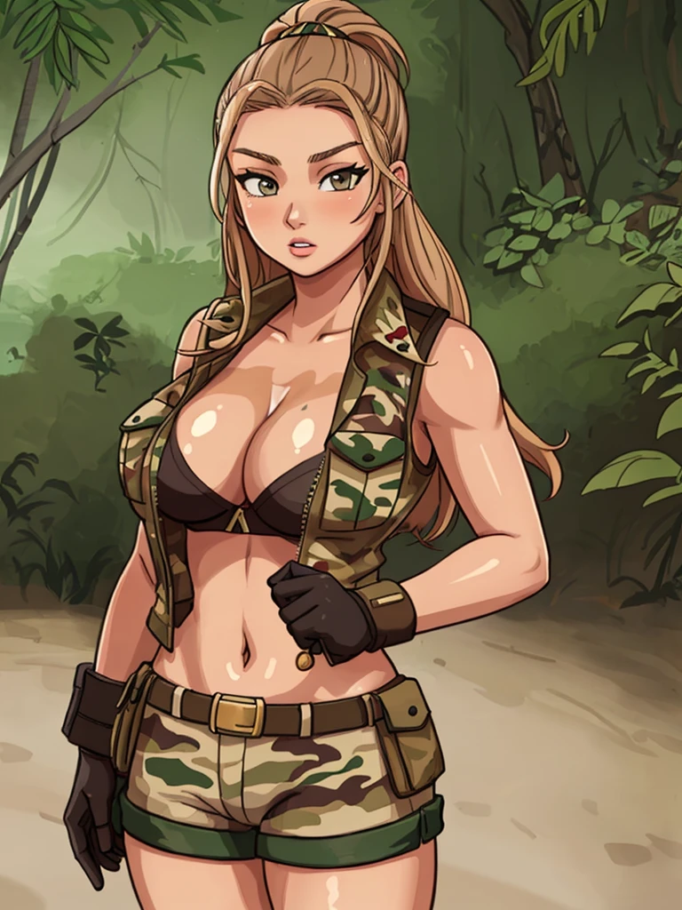 An image of a busty female soldier, gigi hadid, brunette hair, gorgeous, (cleavage), camo vest, hotpants, jungle, (detailed skin complexion:1.2), best quality, vivid color, rtx shading effect, ambient occlusion, highly detailed textures