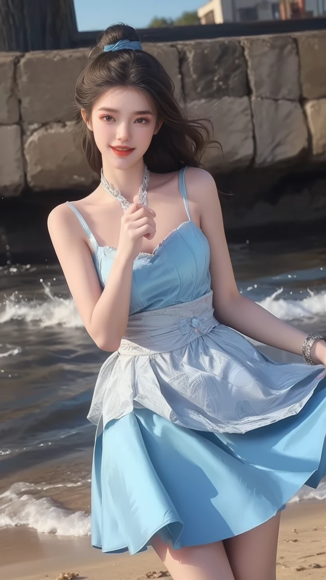 1girl, cheerful girl, carefree and happy, smiling, laughing, The girl is wearing a beautiful dress, the girl's eyes are bright and sparkling, very beautiful, cute and sweet 