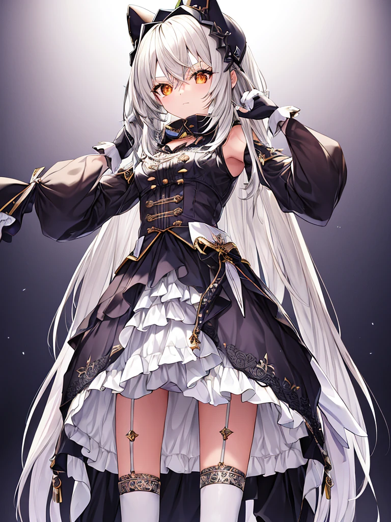 a small, humanoid figure with a cute, doll-like appearance, wearing a dark outfit with intricate details and accessories.
The character's attire includes:
Headgear: A dark headpiece, possibly a hat or hood, with decorations.
Top: A dark, long-sleeved top with light-colored accents, including a ruffled collar.
Gloves: Light-colored gloves with visible details.
Bottoms: Matching dark bottoms with light-colored patterns and possibly some lacing or embroidery.