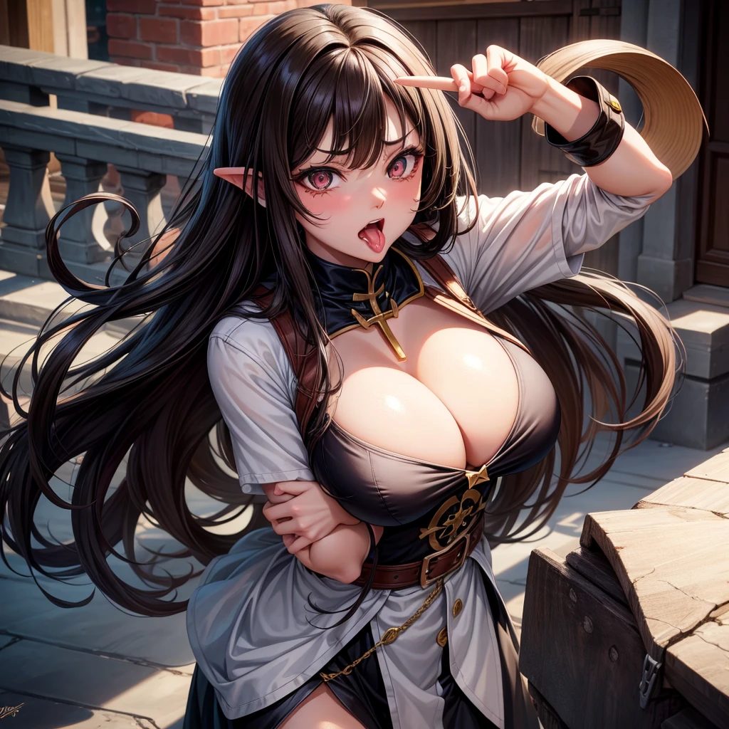 long dark hair / big tits / brown eye / naughty face, rolling_eyes, cross-eyed, ahegao, open mouth, tongue out, best quality, highres, 4K, masterpiece, woman