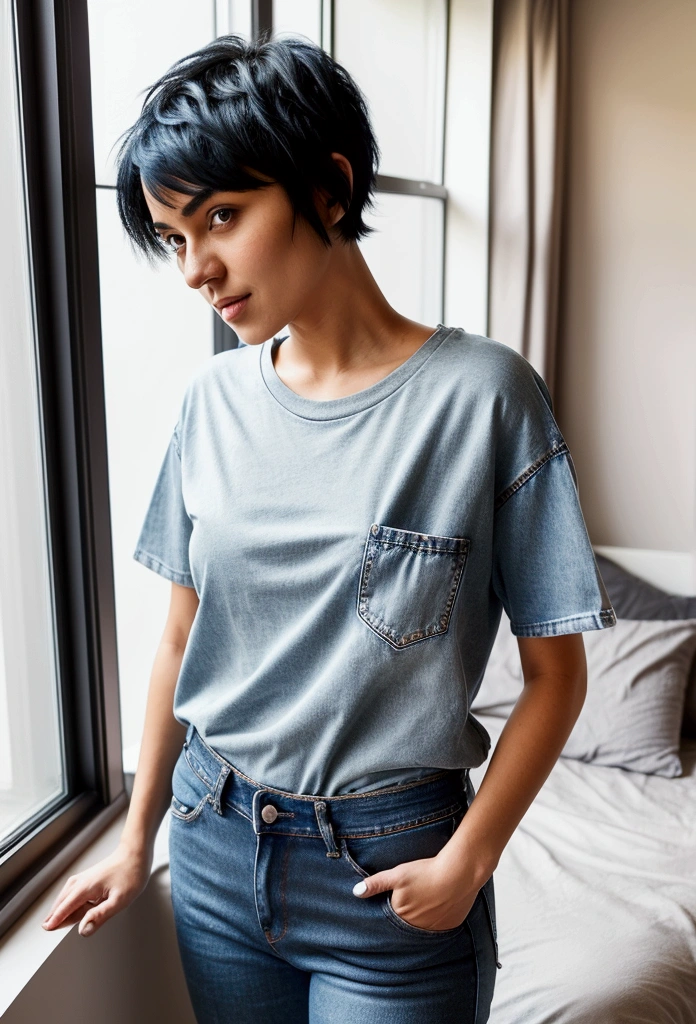 A woman with short black hair, dressed in a jean with a t-shirt that she wants to show off. ((capturing her entire body)) (hands in the pockets) She is in a bright, modern bedroom, with large windows that let in natural light.
