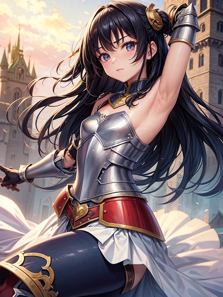 Flat chest, armor girl, in front of a castle, cute look, showing armpits, black hair
