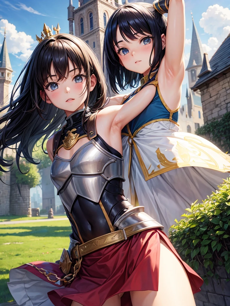 Flat chest, armor girl, in front of a castle, cute look, showing armpits, black hair
