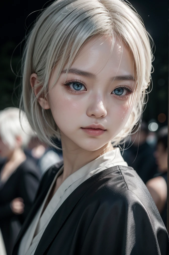 1 Japanese girl
, star eye, blush, perfect lighting, White hair, greeneyes, engine unreal, side lighting, face detailed, bangss, shining skin, simple background, darkness background, black clothing, being seen by people in a parade.
