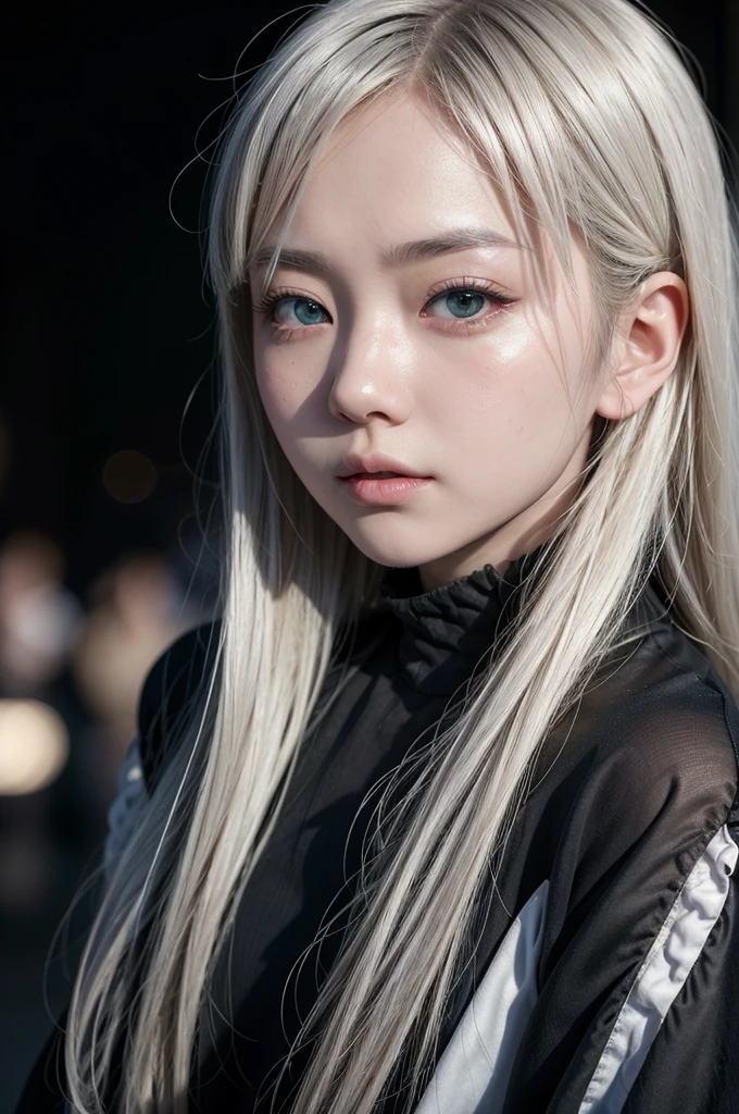 1 Japanese girl
, star eye, blush, perfect lighting, White hair, greeneyes, engine unreal, side lighting, face detailed, bangss, shining skin, simple background, darkness background, black clothing, being seen by people in a parade.