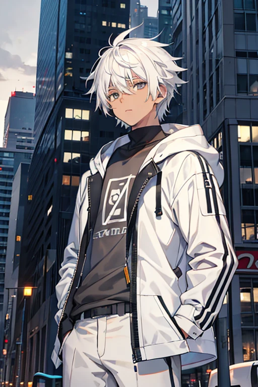 White hair, dark brown-skinned male, gray eyes, white hooded jacket, black shirt, black pants, city background.
