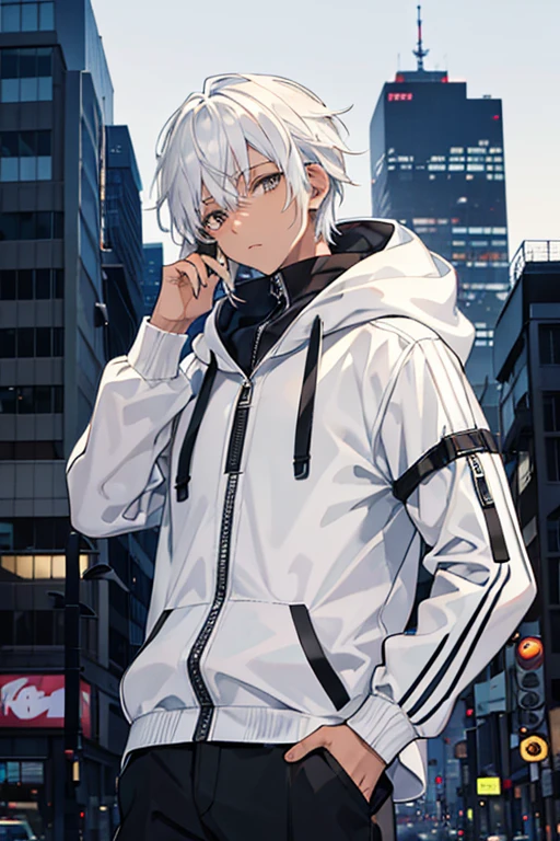 White hair, dark brown-skinned male, gray eyes, white hooded jacket, black shirt, black pants, city background. 