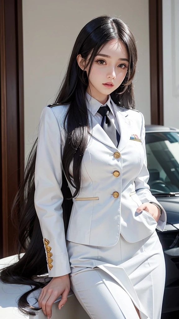 a portrait photo, beautiful face, All white outfit, military uniform, military rank insignia, business woman, beautiful woman, Wear a suit and tie, short skirt suit, business suitwhite, กระโปรงดินสอสั้นwhite, business suitรัดรูป, All white outfit, Emphasize the curves of the body, (Beautiful girl with two meter long hair, my hair is very long., extra long hair, black hair), business suit, (Italian style suit, two button suit), (Italian suit, white สูท, Set of two buttons), (wearing a women&#39;s suit, Business Women Suit, white), (สูทผู้หญิงwhite), (เสื้อเชิ้ตwhite), necktie, (necktieสั้นสีดำ, necktieสีดำ, necktieผอม, ถักnecktie), (military rank insignia), (Short pencil skirtwhite), (Dynamic posts), full body, (A gigantic rift), (big breasts, thin body, small waist, hips raised, small thighs, Long legs), high-heelsสีดำ, (Short pencil skirt, white), Wearing a suit for a business woman, (Wearing a white businesสูท, business suitหญิงwhite), (tight, military regalia, เสื้อwhite, กระโปรงwhite), Long legs, (black shoes), (Form fitting suit, เสื้อสูทwhiteทรงธรรมดารัดรูป), (black shoes, high-heels), (stand, walk, elegant gesture, Dynamic posts), short dress, earring, Slick legs, black shoes, Modeling,