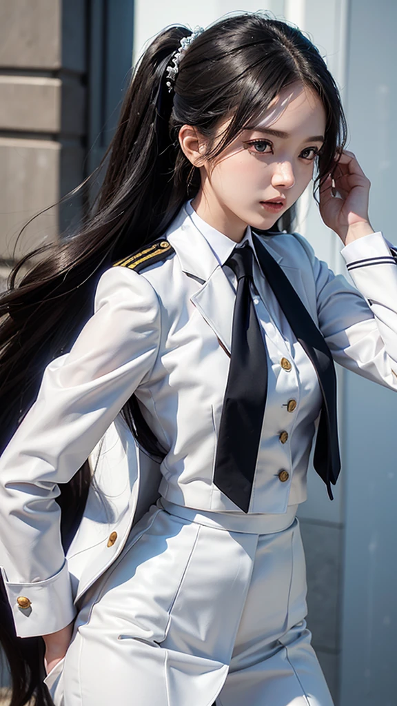 a portrait photo, beautiful face, All white outfit, military uniform, military rank insignia, business woman, beautiful woman, Wear a suit and tie, short skirt suit, business suitwhite, กระโปรงดินสอสั้นwhite, business suitรัดรูป, All white outfit, Emphasize the curves of the body, (Beautiful girl with two meter long hair, my hair is very long., extra long hair, black hair), business suit, (Italian style suit, two button suit), (Italian suit, white สูท, Set of two buttons), (wearing a women&#39;s suit, Business Women Suit, white), (สูทผู้หญิงwhite), (เสื้อเชิ้ตwhite), necktie, (necktieสั้นสีดำ, necktieสีดำ, necktieผอม, ถักnecktie), (military rank insignia), (Short pencil skirtwhite), (Dynamic posts), full body, (A gigantic rift), (big breasts, thin body, small waist, hips raised, small thighs, Long legs), high-heelsสีดำ, (Short pencil skirt, white), Wearing a suit for a business woman, (Wearing a white businesสูท, business suitหญิงwhite), (tight, military regalia, เสื้อwhite, กระโปรงwhite), Long legs, (black shoes), (Form fitting suit, เสื้อสูทwhiteทรงธรรมดารัดรูป), (black shoes, high-heels), (stand, walk, elegant gesture, Dynamic posts), short dress, earring, Slick legs, black shoes, Modeling,