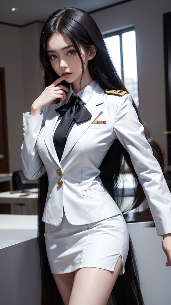 a portrait photo, beautiful face, All white outfit, military uniform, military rank insignia, business woman, beautiful woman, Wear a suit and tie, short skirt suit, business suitwhite, กระโปรงดินสอสั้นwhite, business suitรัดรูป, All white outfit, Emphasize the curves of the body, (Beautiful girl with two meter long hair, my hair is very long., extra long hair, black hair), business suit, (Italian style suit, two button suit), (Italian suit, white สูท, Set of two buttons), (wearing a women&#39;s suit, Business Women Suit, white), (สูทผู้หญิงwhite), (เสื้อเชิ้ตwhite), necktie, (necktieสั้นสีดำ, necktieสีดำ, necktieผอม, ถักnecktie), (military rank insignia), (Short pencil skirtwhite), (Dynamic posts), full body, (A gigantic rift), (big breasts, thin body, small waist, hips raised, small thighs, Long legs), high-heelsสีดำ, (Short pencil skirt, white), Wearing a suit for a business woman, (Wearing a white businesสูท, business suitหญิงwhite), (tight, military regalia, เสื้อwhite, กระโปรงwhite), Long legs, (black shoes), (Form fitting suit, เสื้อสูทwhiteทรงธรรมดารัดรูป), (black shoes, high-heels), (stand, walk, elegant gesture, Dynamic posts), short dress, earring, Slick legs, black shoes, Modeling,