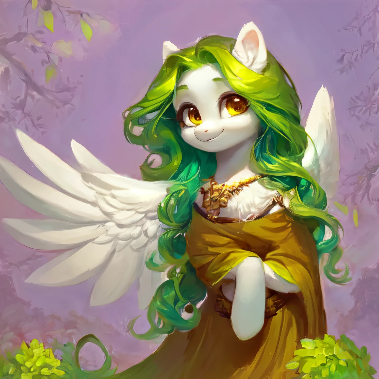 rating_safe, score_9, fluffy,   a  ， a little pegasus pony with spread wings.round cute face。She had white skin, Moss green mane, long mane，a happy smile, and innocent and clear golden eyes. happily，Childlike innocence。only 2 wings。She is a spiritually curious child。very cute，a child，small