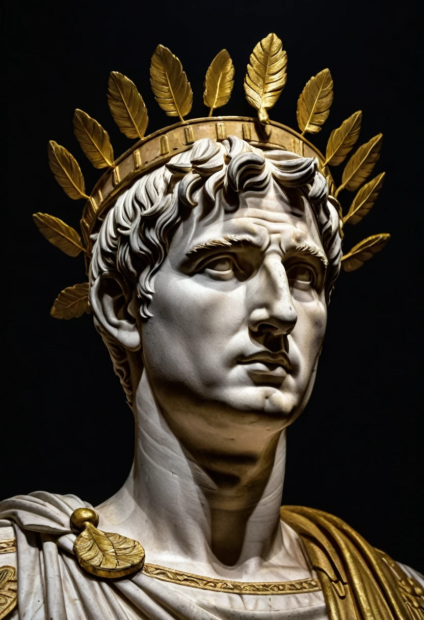 Frontal view of an Augustus Caesar roman statue with a golden Laurel Wreath on top of it's head, highlighted with a spotlight and dark background