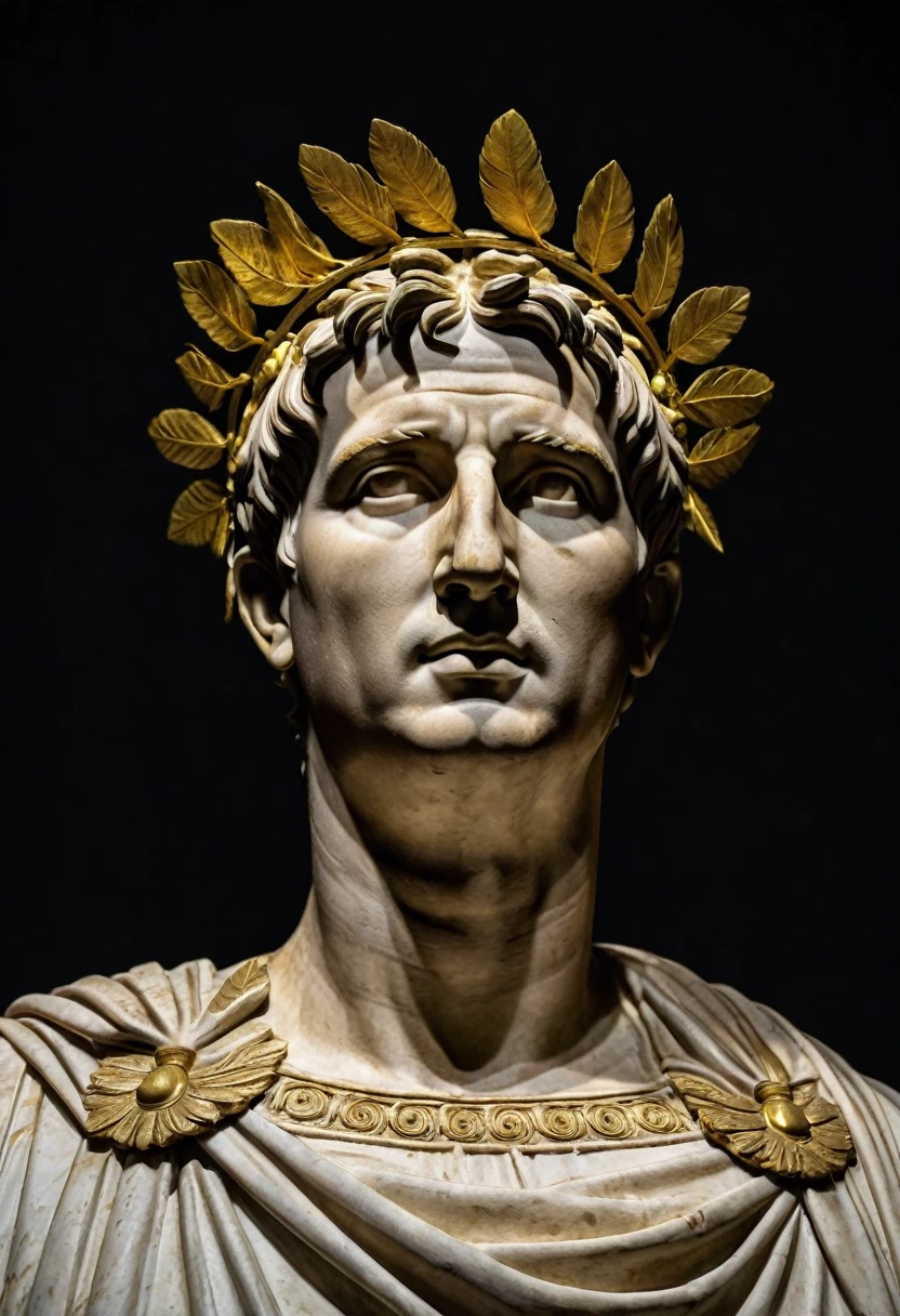 Frontal view of an Augustus Caesar roman statue with a golden Laurel Wreath on top of it's head, highlighted with a spotlight and dark background