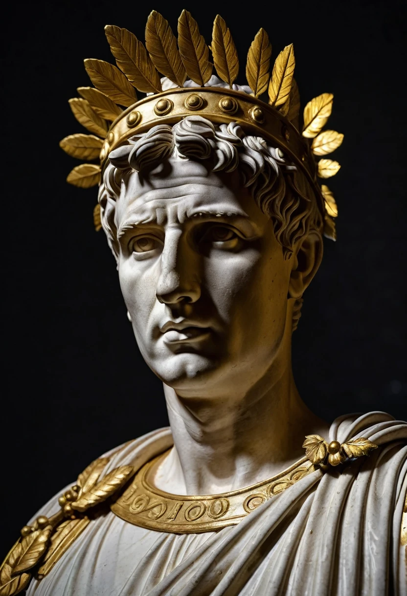 Frontal view of an Augustus Caesar roman statue with a golden Laurel Wreath on top of it's head, highlighted with a spotlight and dark background