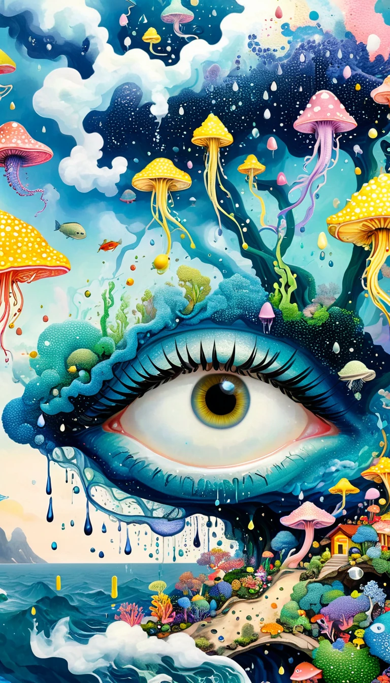 Strong visual fusion of multiple elements,Broto,来自Star的艺术家,Dopamine color scheme,house、Eye、pearl珠帘、pearl、Star、cloud、fish、Spore powder、Ocean、rain、Tentacles,Describing the inner world of autistic people,密集Pointillism method。Smooth lines。interesting,Strange illustration。Pointillism method。Strong contrast。Award-winning works。