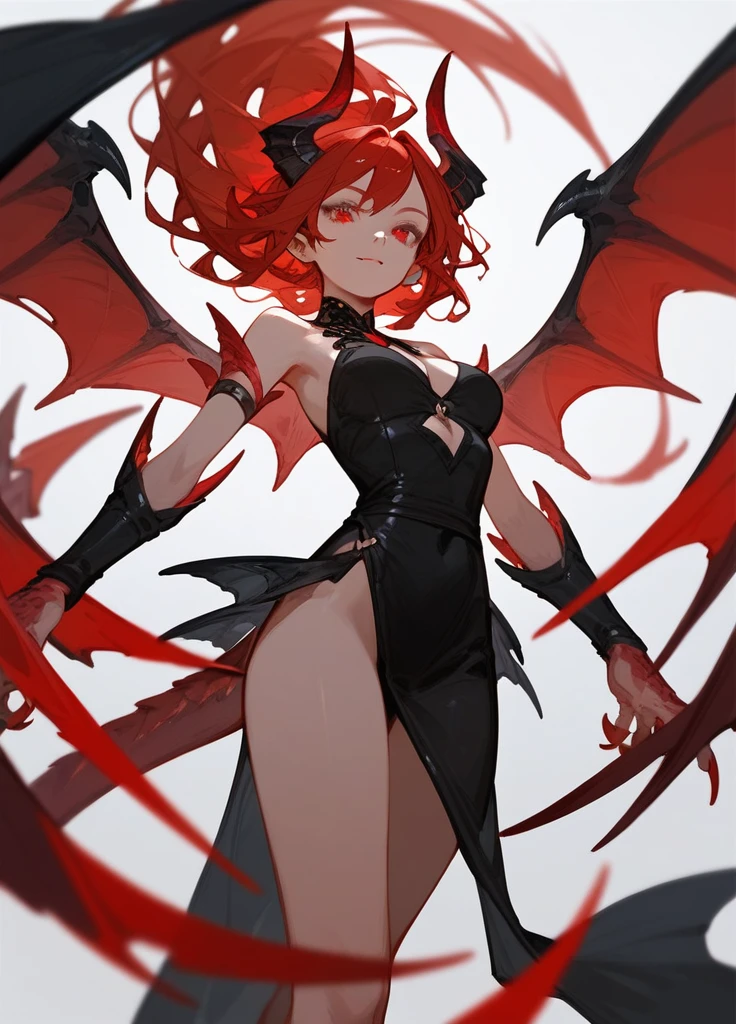 (score_9,score_8_up,score_7_up),1girl,girl demon,red hair,red eyes,wings,claws,black dress,beautiful_face,