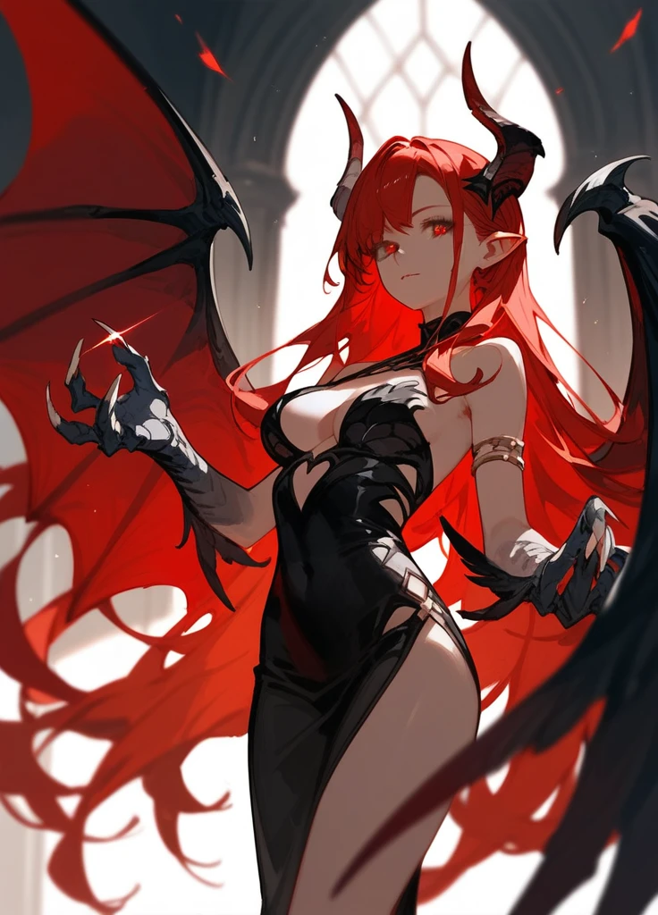 (score_9,score_8_up,score_7_up),1girl,girl demon,red hair,red eyes,wings,claws,black dress,beautiful_face,