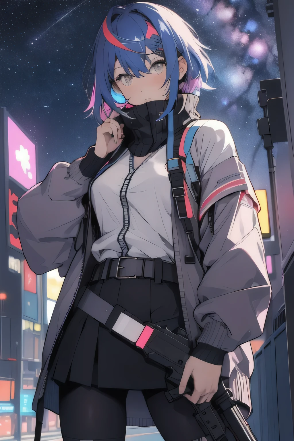 portrait, 1 girl, Pretty Face, Asymmetrical hair, Multi-colored hair, belt, Tights, Cover your mouth, whole body, Separate sleeves, Gray eyes, - Hip vents, Armed with a gun, Cardigan jacket, Lovely, View Viewer, Starry Sky, neon,