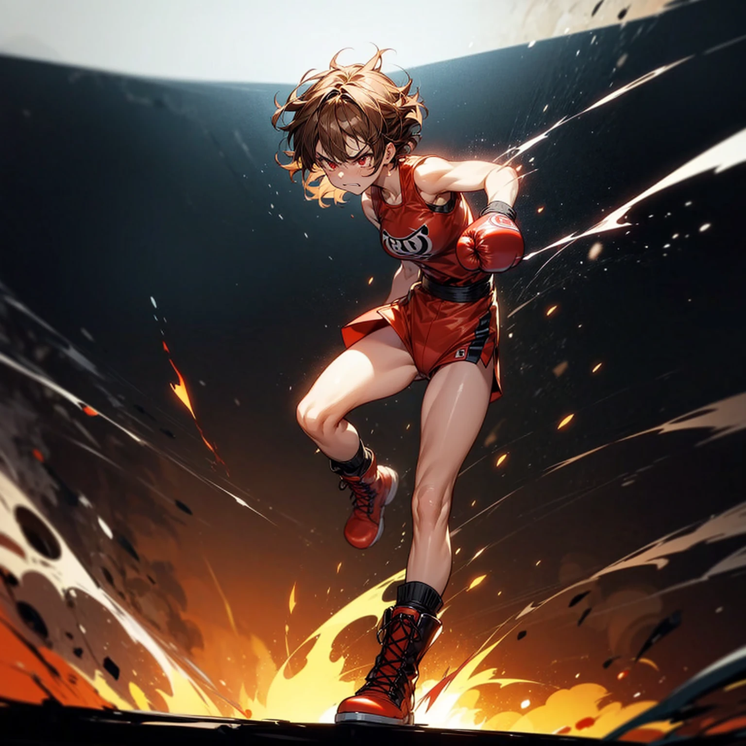 1girl, Full body version, 1character, red eyes, short Curly haircut, brown color hair, boxing style outfit, Boots, Grassroots, full background in ring boxing, motion blur, light, (Hunter x Hunter style art), standing gesture, Boxing gloves, smoke effect, fire effect on background, fire effect, lighting effect, low angle view, big muscle, angry, angry eyes, angry mouth 