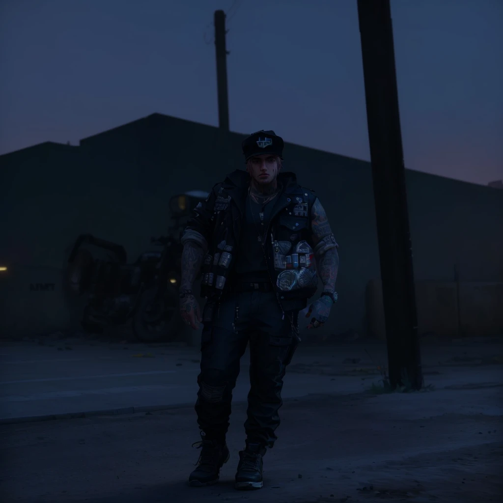 there is a man standing in the dirt with a hat on, mechanic punk outfit, as a character from gtav, gta v character, gta character, full body shot hyperdetailed, jesse pinkman in gta v, outfit: cop, gta v street style, highly detailed full body, in a dark space mercenary outfit, in gta v, gta 5 skin tone