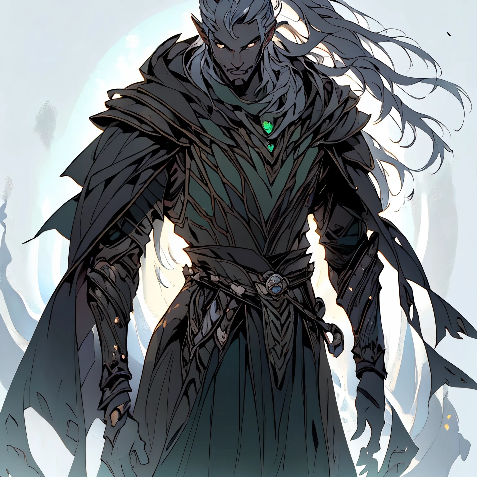 anime, masterpiece, best quality, by professional artist, mature (((50 years old))), male drow, dark skin, ebony, solo, full body portrait, detailed composition, detailed eyes, white background, long undercut hair ((((white hair))), Mustache, elf, grey eyes, serious face, hair covering one eye, black cloak, medieval armor, green eyes