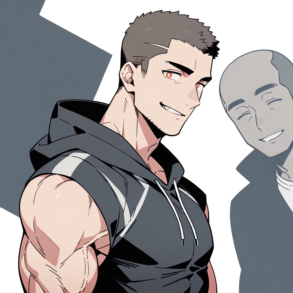 anime characters:Priapus, Dark Grey Skin Muscle Sports Student, Buzz Cut, Manliness, male focus, Sports tight hooded sweatshirt, Under Armour Brand, Wear a high-necked tights underneath, Very tight, full and perky chest muscles, muscular male, muscular, only, Upper body, alone, Red short hair, Thick eyebrows, stubble, Brown-red pupils, White background, simple background, amazing quality, best aesthetics, Ridiculous, crew cut, smirk, bright pupils, grin, negative space, negative space, best quality