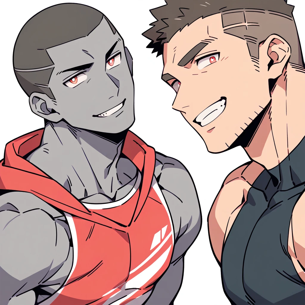 anime characters：Priapus, Dark Grey Skin Muscle Sports Student, Buzz Cut, Manliness, male focus, Sports tight hooded sweatshirt, Under Armour Brand, Wear a high-necked tights underneath, Very tight, full and perky chest muscles, muscular male, muscular, only, Upper body, alone, Red short hair, Thick eyebrows, stubble, Brown-red pupils, White background, simple background, amazing quality, best aesthetics, Ridiculous, crew cut, smirk, bright pupils, grin, negative space, negative space, best quality