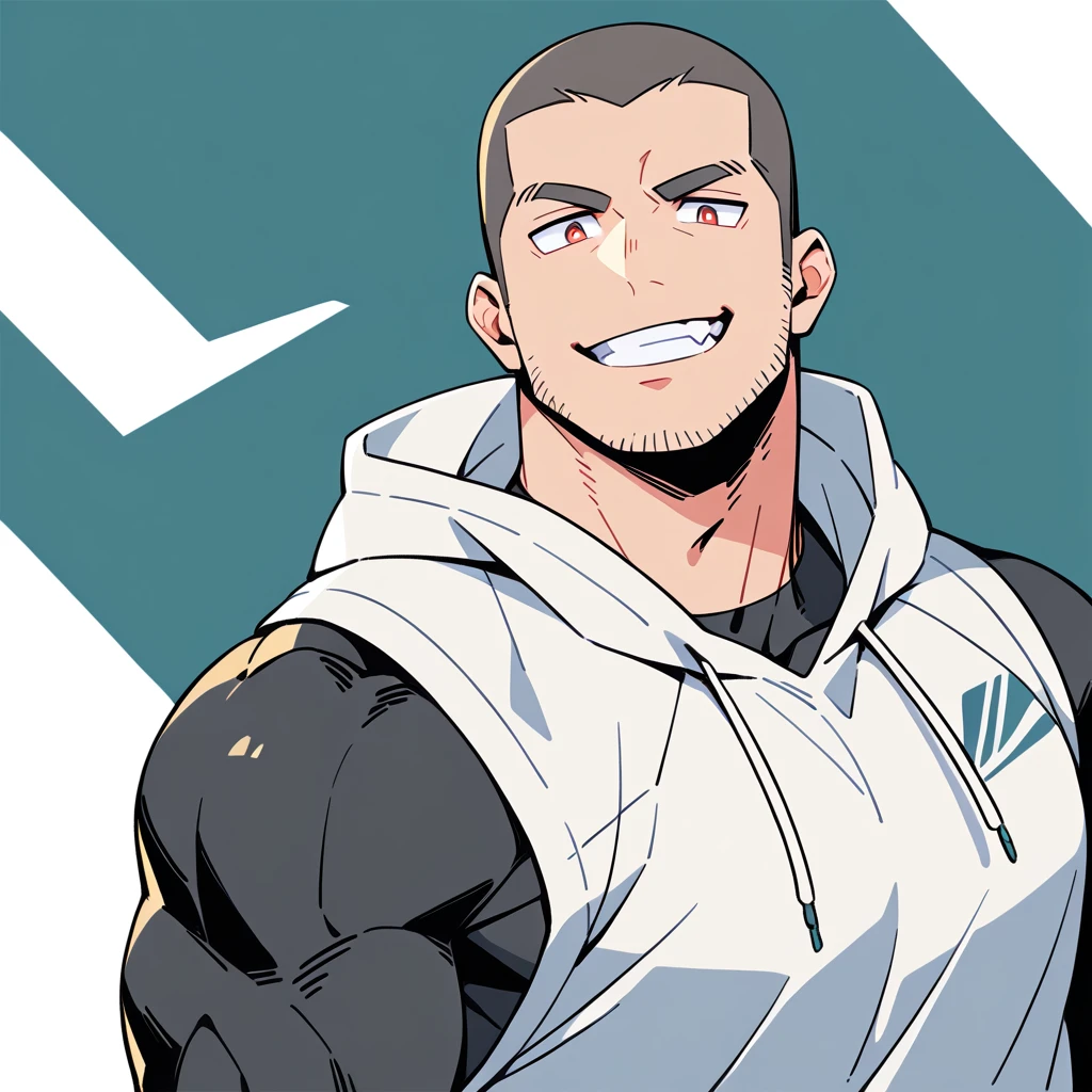anime characters:Priapus, Dark Grey Skin Muscle Sports Student, Buzz Cut, Manliness, male focus, Sports tight hooded sweatshirt, Under Armour Brand, Wear a high-necked tights underneath, Very tight, full and perky chest muscles, muscular male, muscular, only, Upper body, alone, Red short hair, Thick eyebrows, stubble, Brown-red pupils, White background, simple background, amazing quality, best aesthetics, Ridiculous, crew cut, smirk, bright pupils, grin, negative space, negative space, best quality