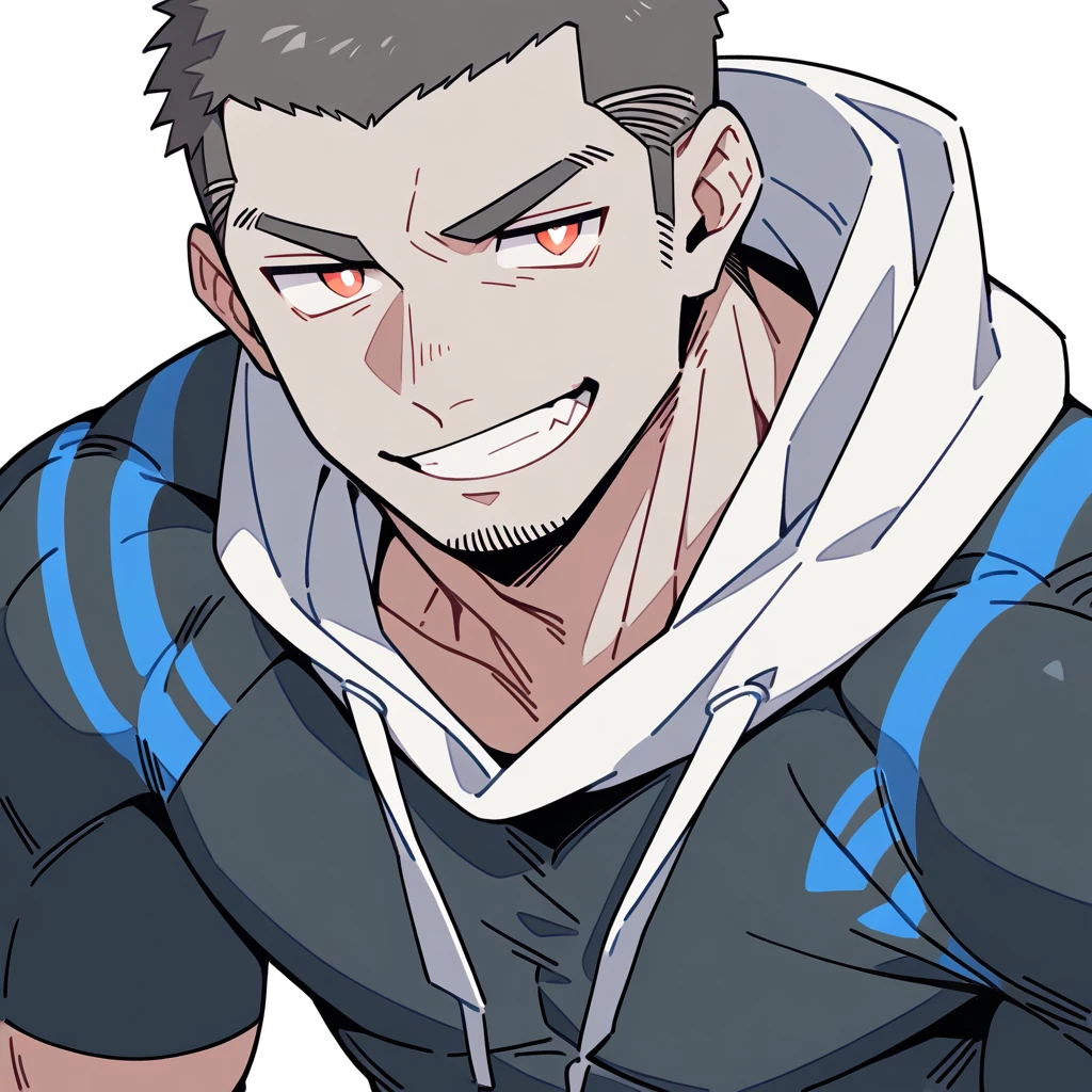 anime characters:Priapus, Dark Grey Skin Muscle Sports Student, Buzz Cut, Manliness, male focus, Sports tight hooded sweatshirt, Under Armour Brand, Wear a high-necked tights underneath, Very tight, full and perky chest muscles, muscular male, muscular, only, Upper body, alone, Red short hair, Thick eyebrows, stubble, Brown-red pupils, White background, simple background, amazing quality, best aesthetics, Ridiculous, crew cut, smirk, bright pupils, grin, negative space, negative space, best quality