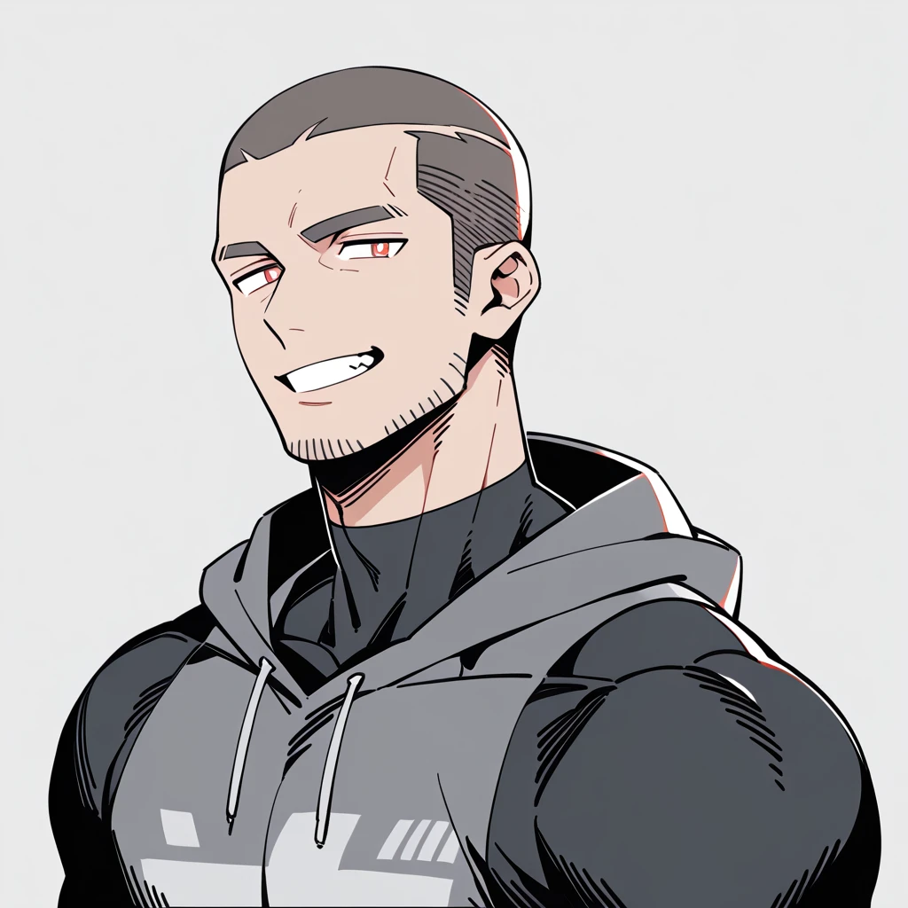 anime characters:Priapus, Dark Grey Skin Muscle Sports Student, Buzz Cut, Manliness, male focus, Sports tight hooded sweatshirt, Under Armour Brand, Wear a high-necked tights underneath, Very tight, full and perky chest muscles, muscular male, muscular, only, Upper body, alone, Red short hair, Thick eyebrows, stubble, Brown-red pupils, White background, simple background, amazing quality, best aesthetics, Ridiculous, crew cut, smirk, bright pupils, grin, negative space, negative space, best quality