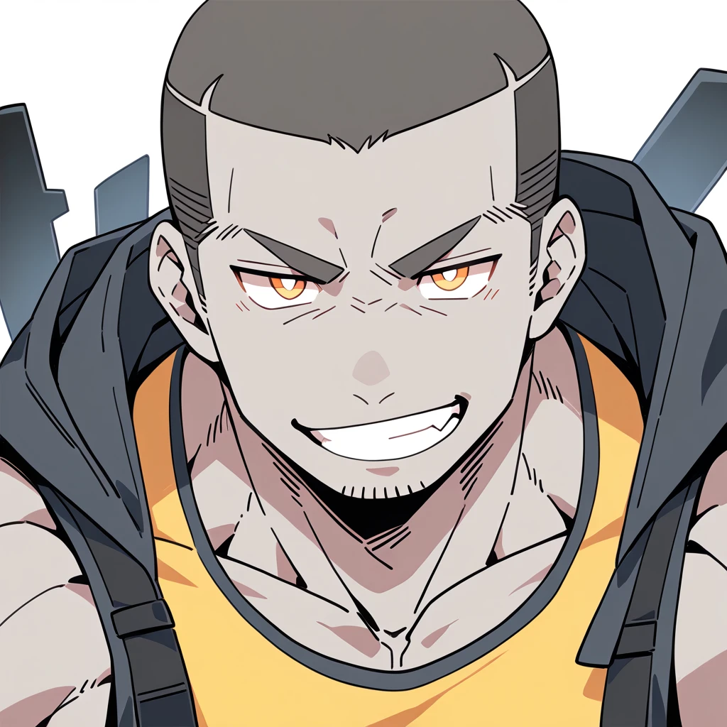 anime characters:Priapus, Dark Grey Skin Muscle Sports Student, Buzz Cut, Manliness, male focus, Sports tight hooded sweatshirt, Under Armour Brand, Wear a high-necked tights underneath, Very tight, full and perky chest muscles, muscular male, muscular, only, Upper body, alone, Red short hair, Thick eyebrows, stubble, Brown-red pupils, White background, simple background, amazing quality, best aesthetics, Ridiculous, crew cut, smirk, bright pupils, grin, negative space, negative space, best quality