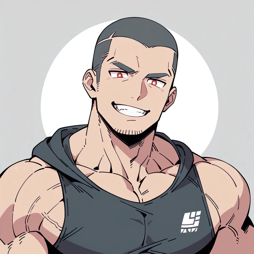 anime characters:Priapus, Dark Grey Skin Muscle Sports Student, Buzz Cut, Manliness, male focus, Sports tight hooded sweatshirt, Under Armour Brand, Wear a high-necked tights underneath, Very tight, full and perky chest muscles, muscular male, muscular, only, Upper body, alone, Red short hair, Thick eyebrows, stubble, Brown-red pupils, White background, simple background, amazing quality, best aesthetics, Ridiculous, crew cut, smirk, bright pupils, grin, negative space, negative space, best quality