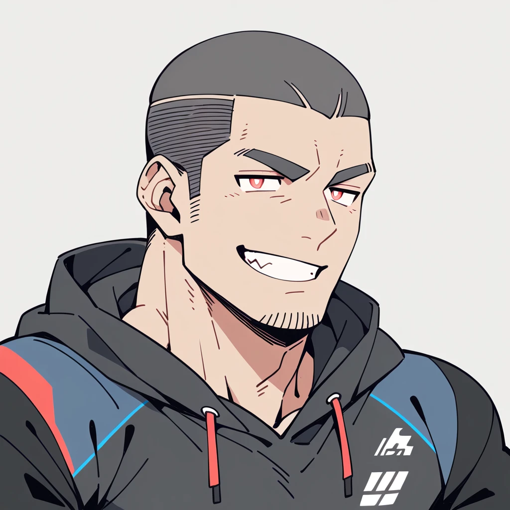 anime characters:Priapus, Dark Grey Skin Muscle Sports Student, Buzz Cut, Manliness, male focus, Sports tight hooded sweatshirt, Under Armour Brand, Wear a high-necked tights underneath, Very tight, full and perky chest muscles, muscular male, muscular, only, Upper body, alone, Red short hair, Thick eyebrows, stubble, Brown-red pupils, White background, simple background, amazing quality, best aesthetics, Ridiculous, crew cut, smirk, bright pupils, grin, negative space, negative space, best quality