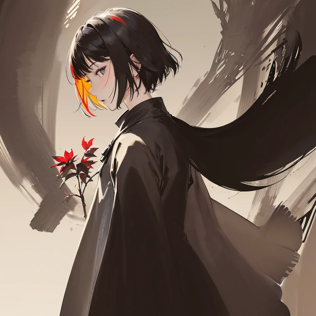 (masterpiece, best quality:1.3), (flat color:1.3),(colorful:1.3),looking at viewer,1woman,shorthair,solo,in the forest,floating colorful wind,(2D:1.3)